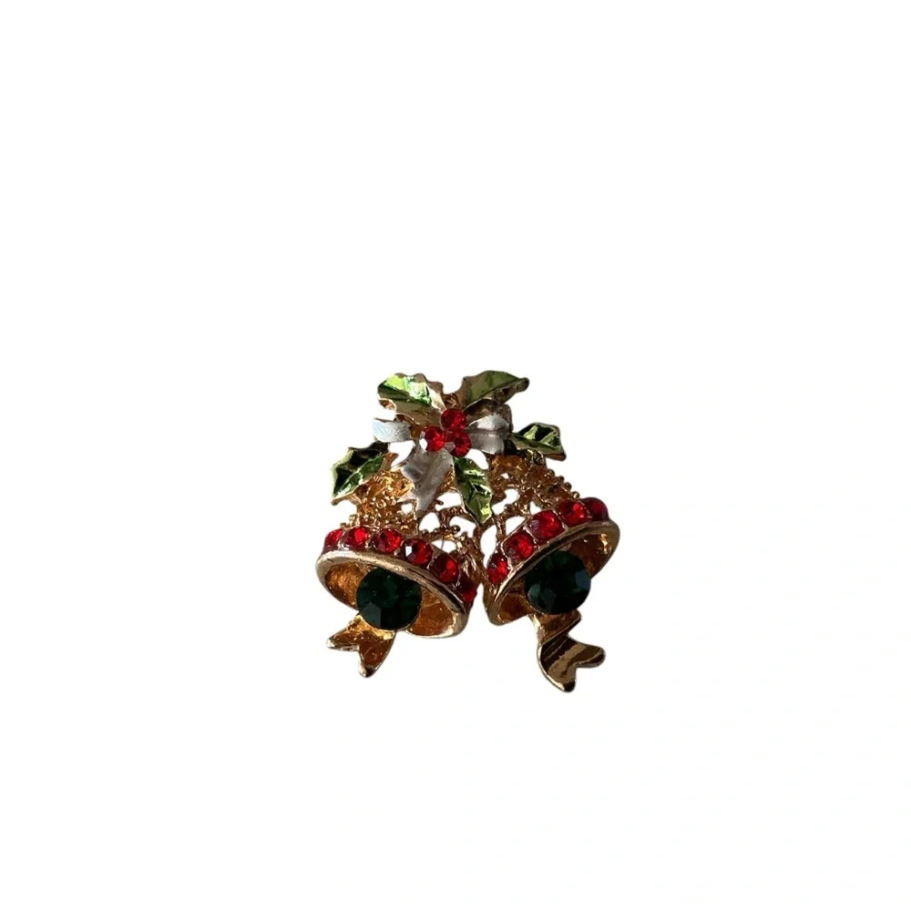 Christmas bell brooch rhinestone red,green,gold metal